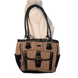 Vintage Longaberger Houndstooth Tote Brown Black Leather Trim Shoulder Bag